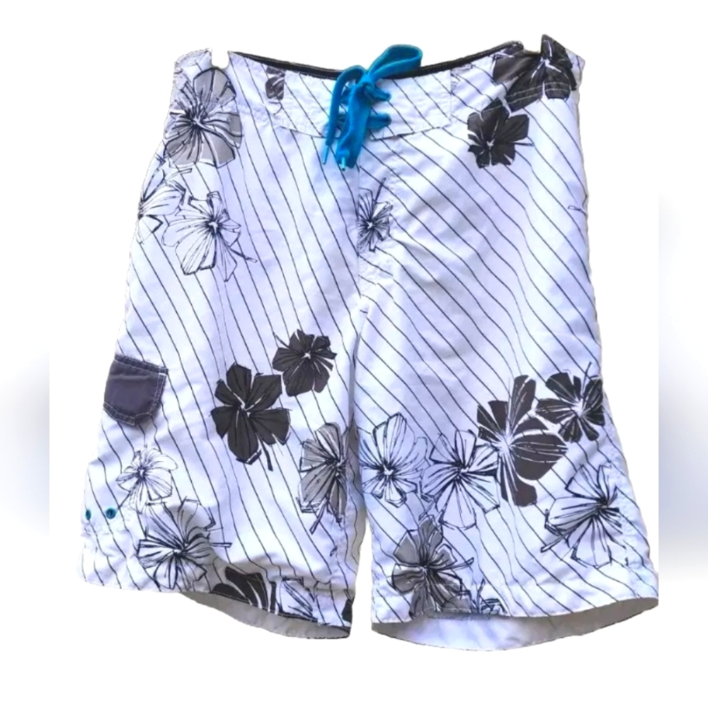 Chalc Men's Swimming Shorts 36 White Black Floral Striped Drawstring Chalc Men'